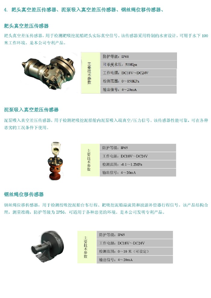 耙頭真空差壓傳感器、泥泵吸入真空差壓傳感器、鋼絲繩位移傳感器、